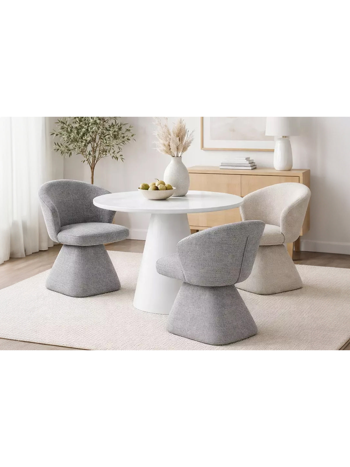 Masă rotundă Clav 120 cm crem cu blat și cadru din MDF și microcement