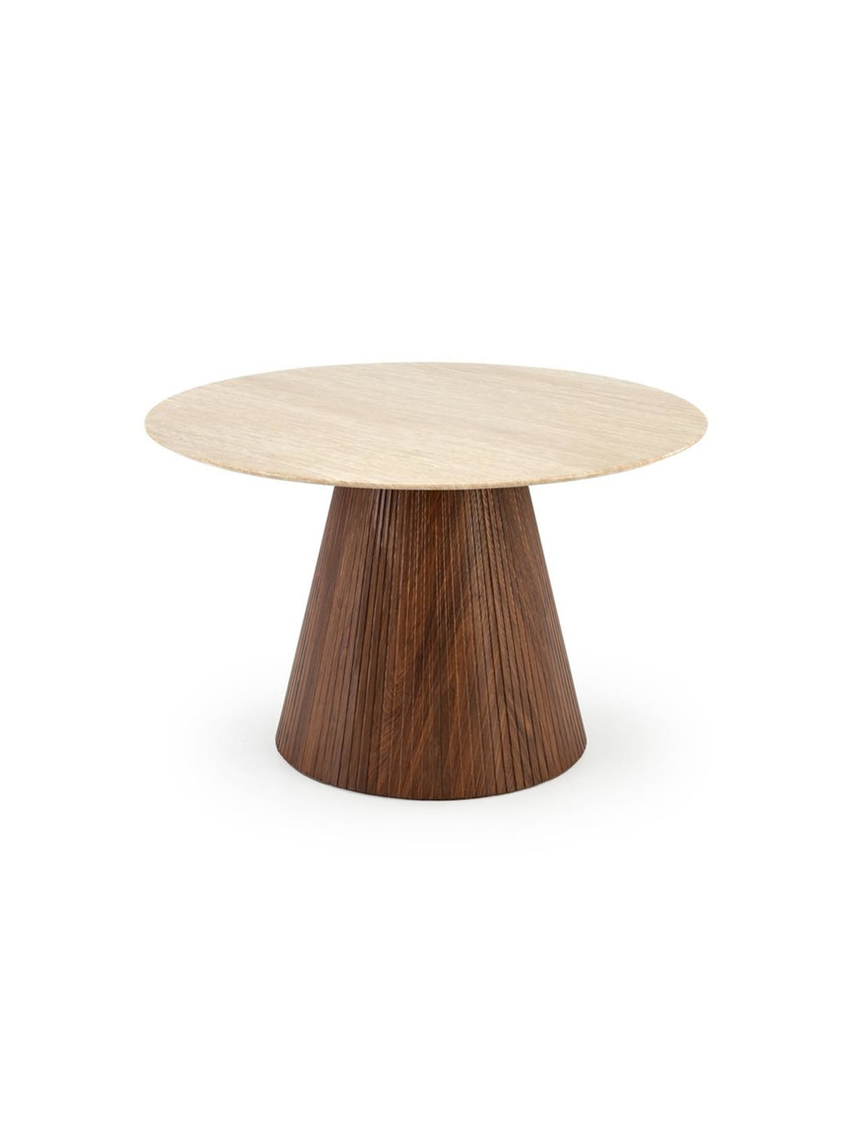 Masă rotundă Solvori 120 cm cu blat travertin și picior nuc