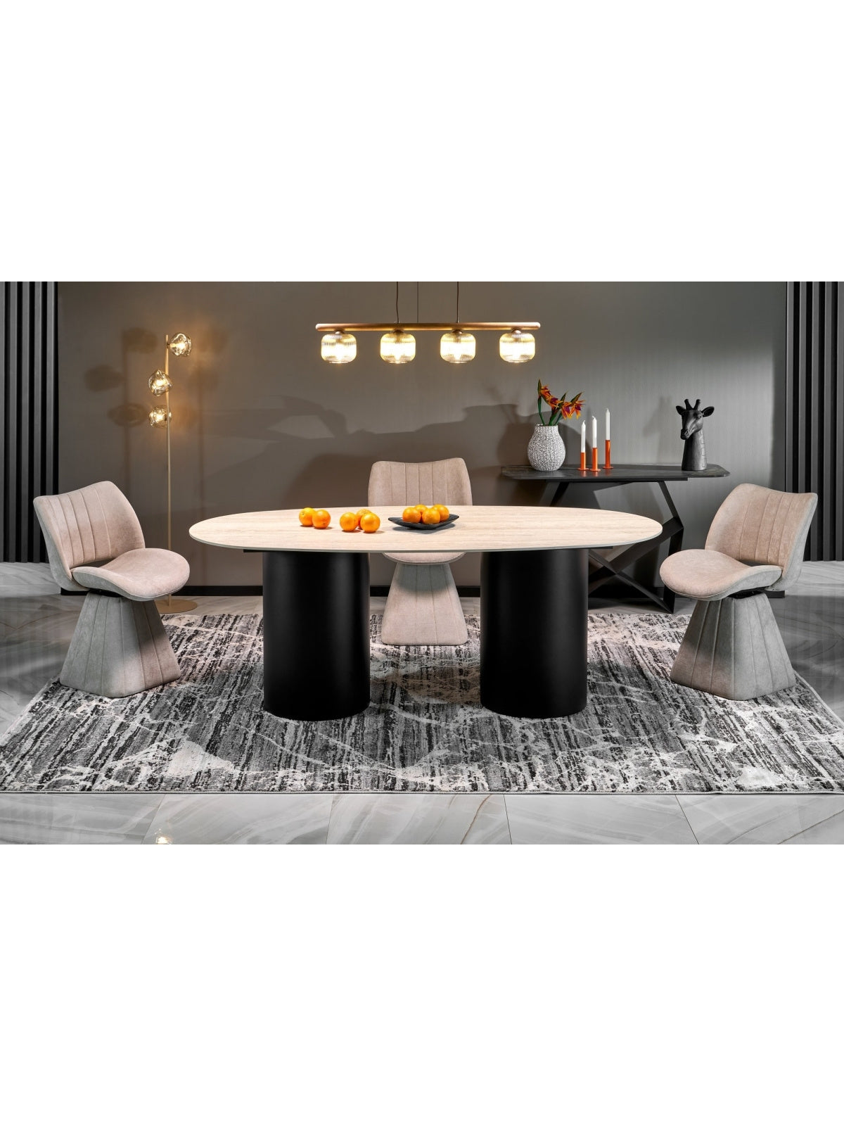 Masă ovală Molven 200x100 cm cu blat travertin marmură și picioare negre
