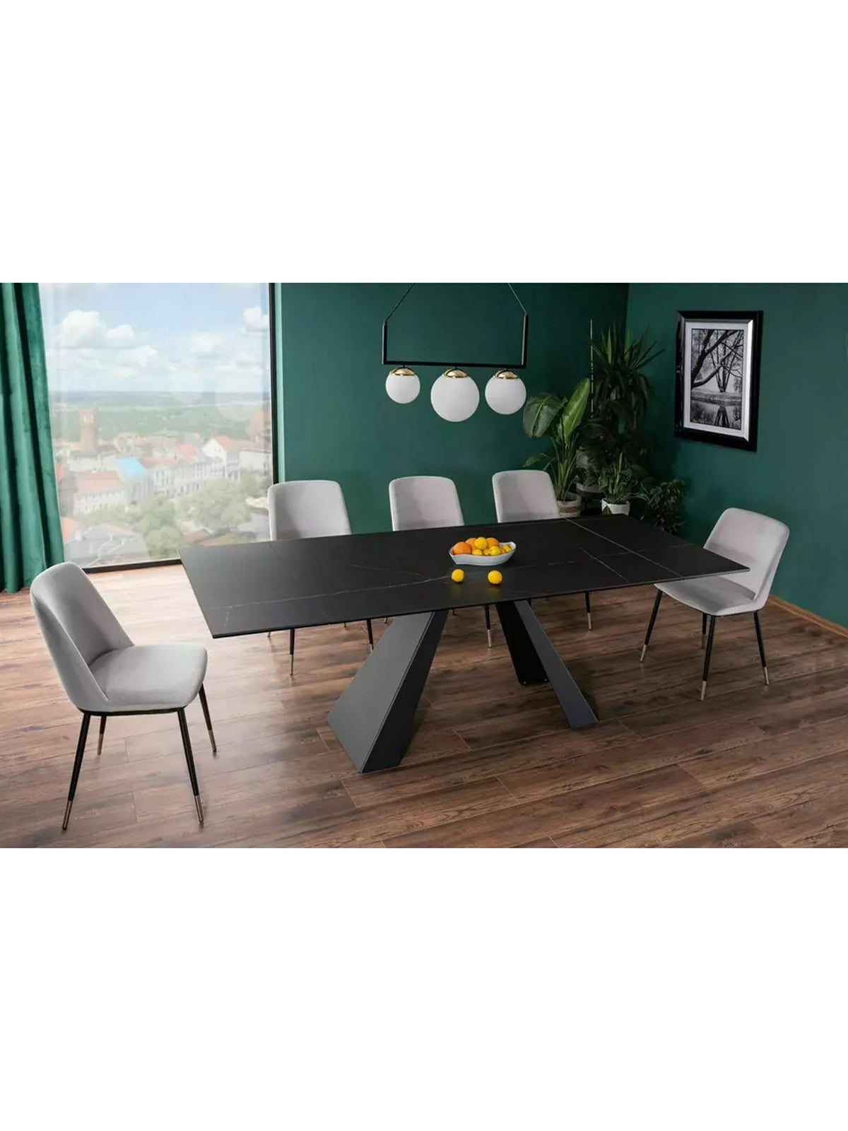 Masa extensibilă Zanivo 160-240x90 cm cu blat ceramic negru marmură și picioare metalice negre