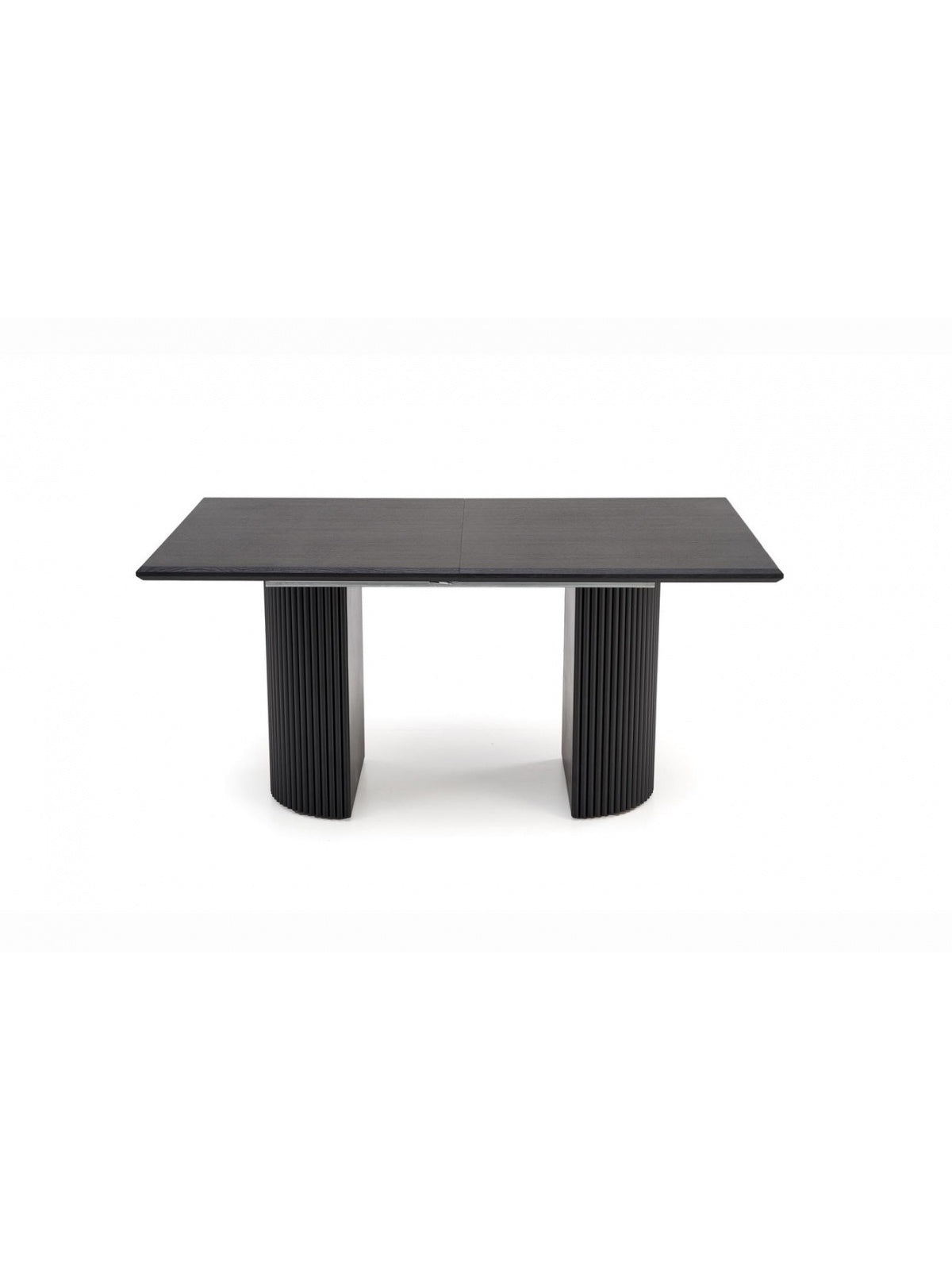 Masa extensibilă Lorero neagră cu blat mat și furnir de stejar, design modern dreptunghiular