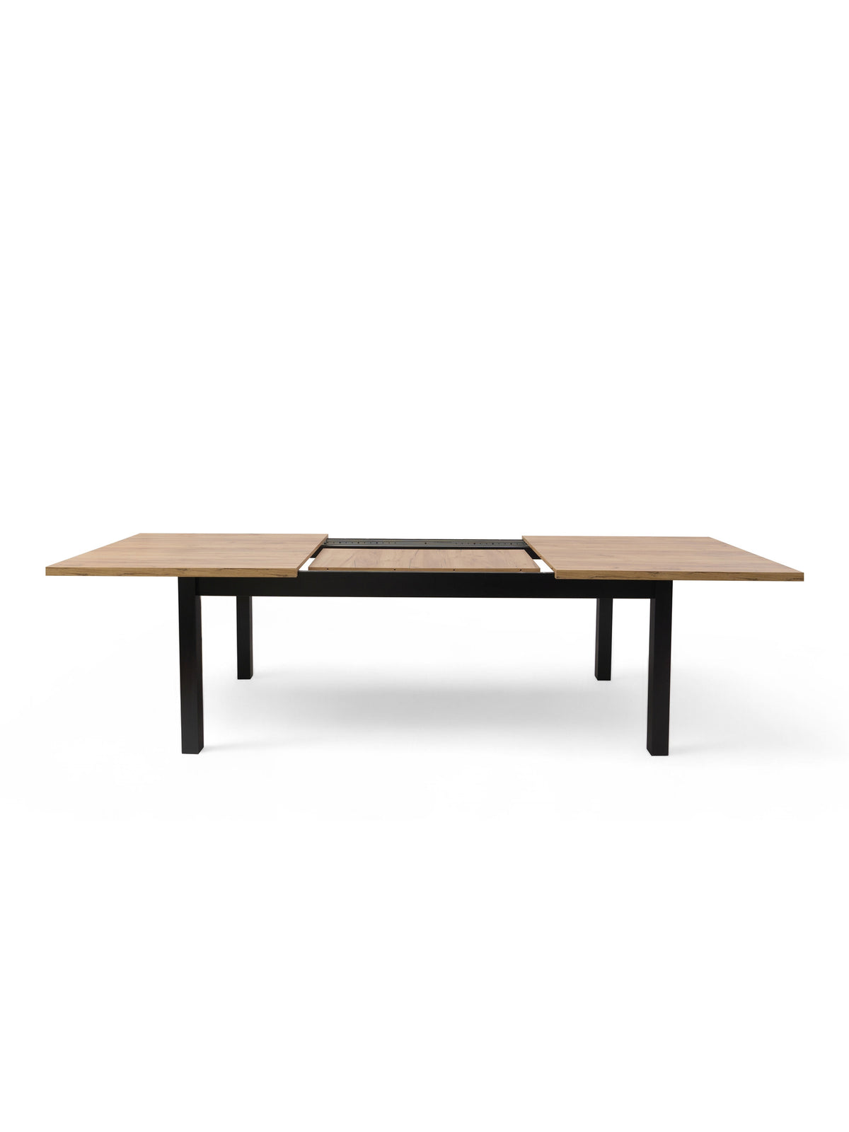 Stół rozkładany Werona 140-220x80 cm z blatem dąb craft i czarnymi nogami, widok na mechanizm rozsuwania