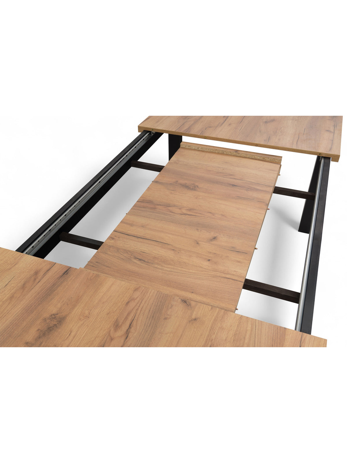 Stół rozkładany Werona 140-220x80 cm z dębowym blatem i czarnymi nogami, widok na wkładkę