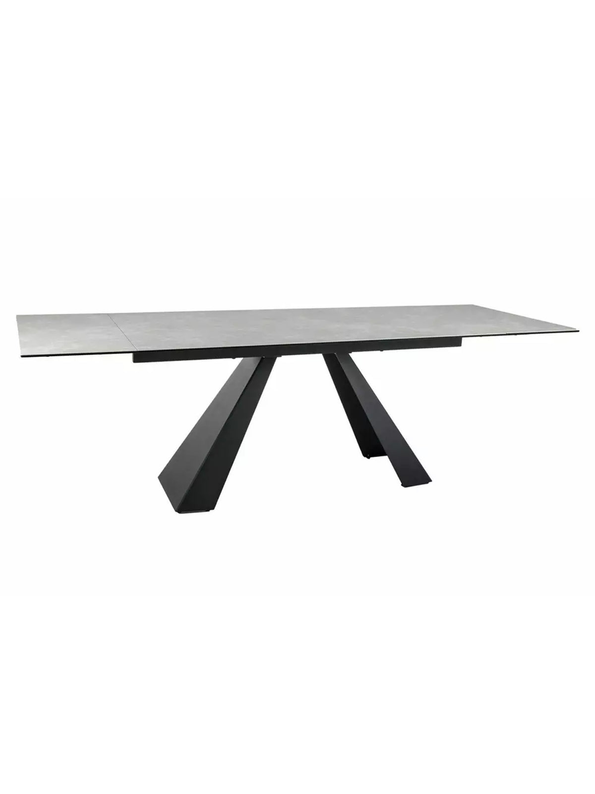Masă extensibilă Zanivo crem marmură cu blat ceramic și picioare metalice negre, vedere laterală