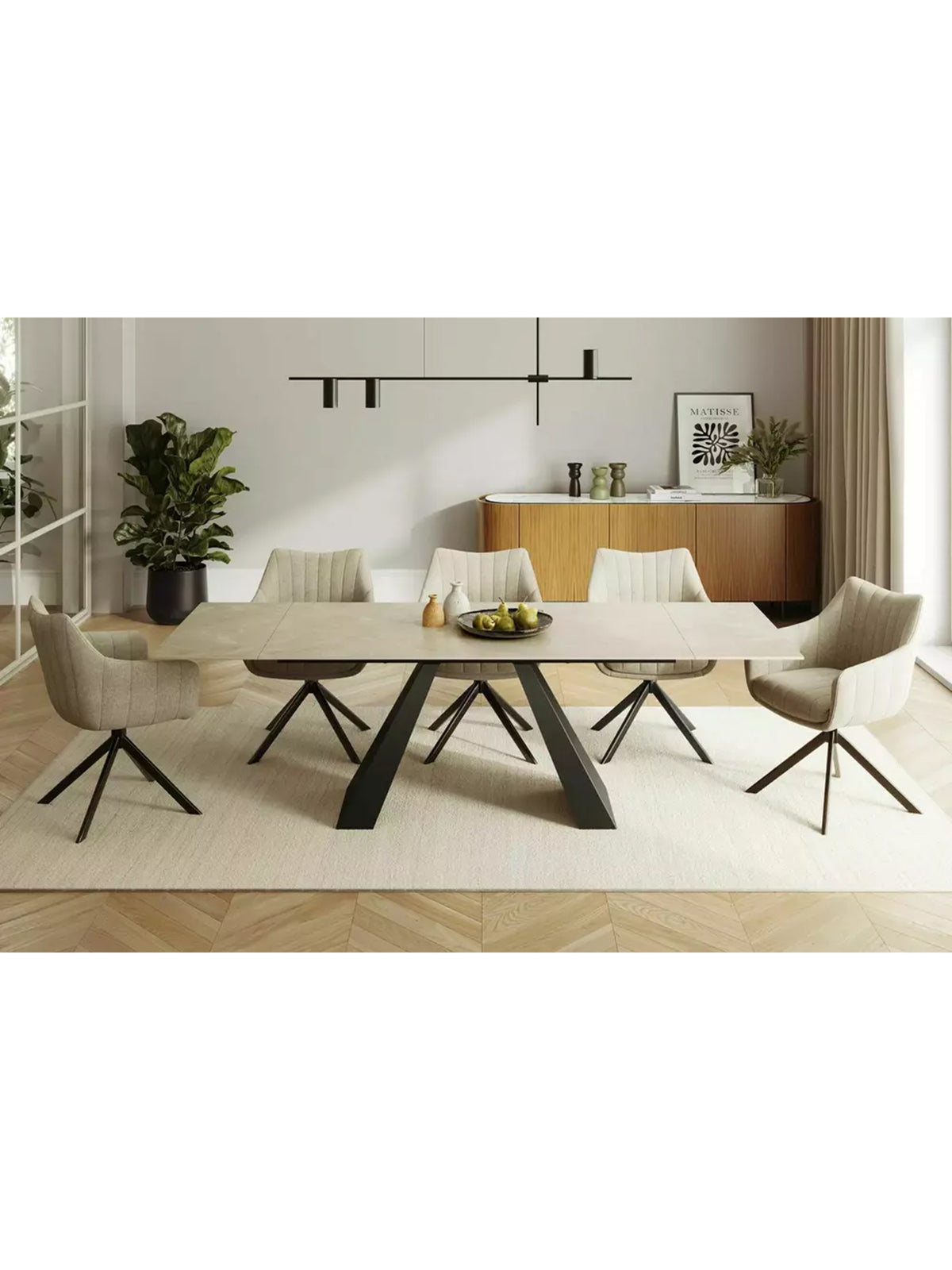 Masă extensibilă Zanivo 160-240x90 cm blat crem marmură ceramică și picioare negre metalice