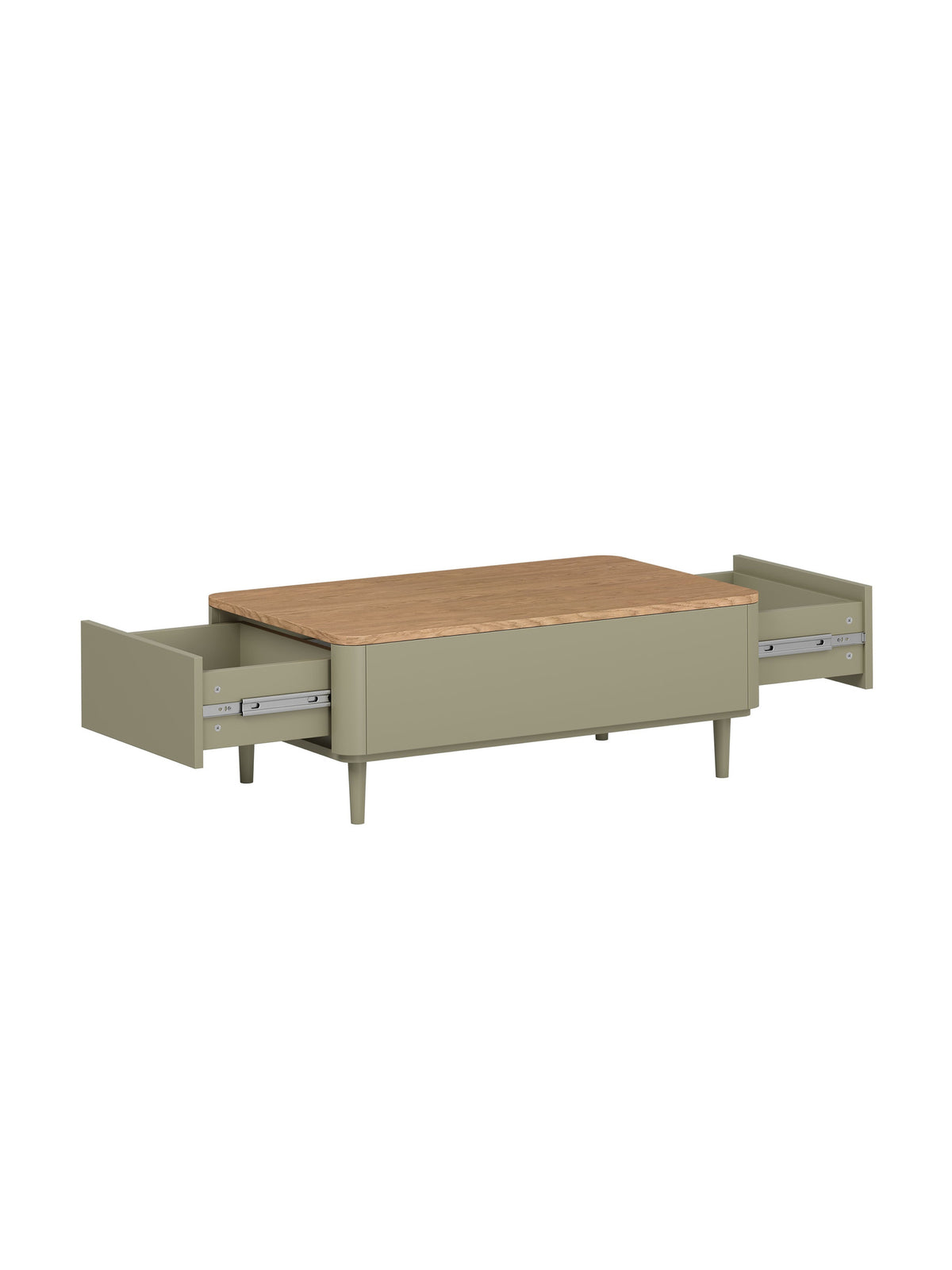 Măsuță de cafea Amilio 100 cm cu sertare push-to-open, culoare eucalipt și blat dąb baltic dune