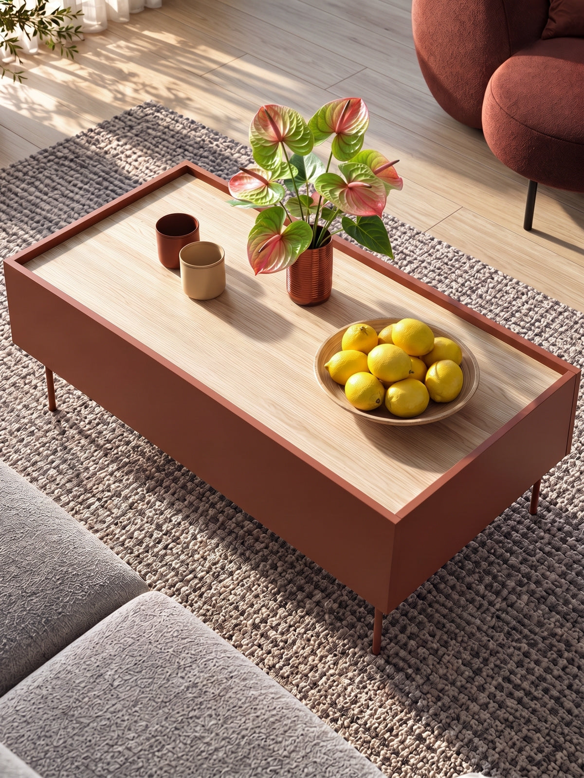 masă kawowy Desin 120 cm cu sertare - ceramic red / stejar nagano