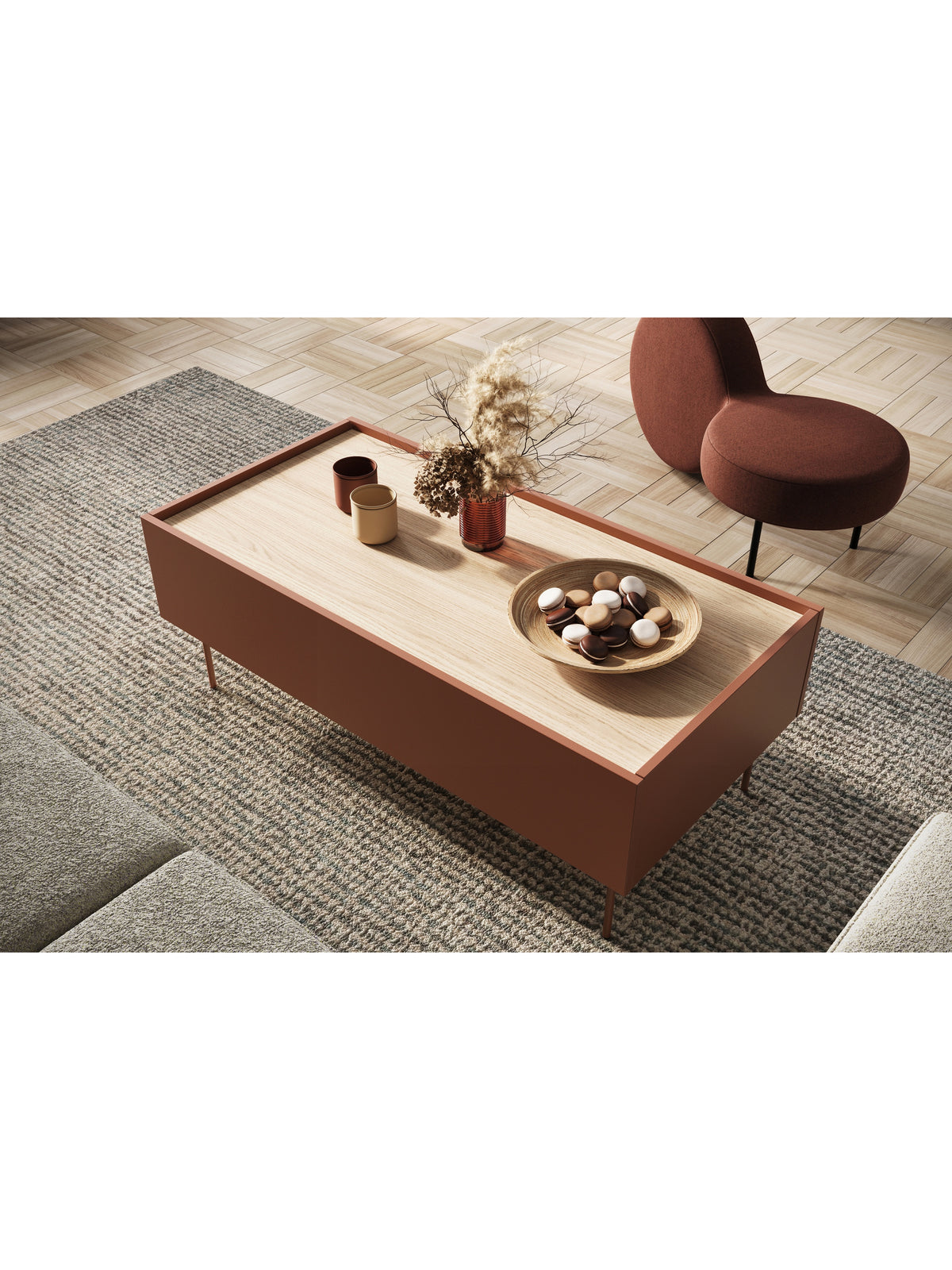 Stolik kawowy Desin 120 cm ceramic red mat z dębowym blatem i dwiema szufladami