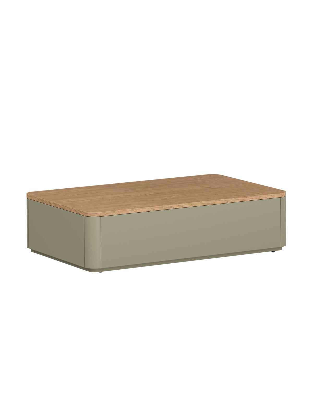 Măsuță de cafea Elivo 100 cm cu sertare, eucalyptus și stejar baltic dune.