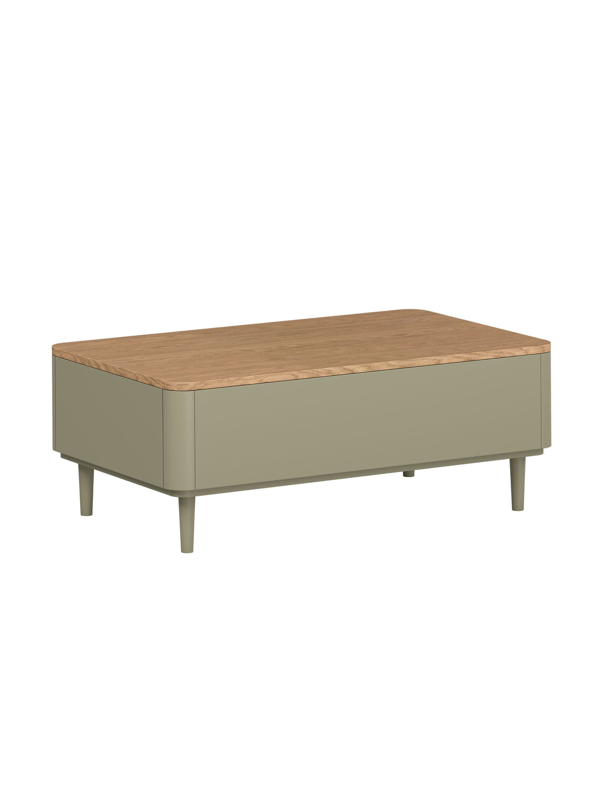 Măsuță de cafea Elivo 100 cm cu sertare, eucalipt oliv, blat stejar baltic dune