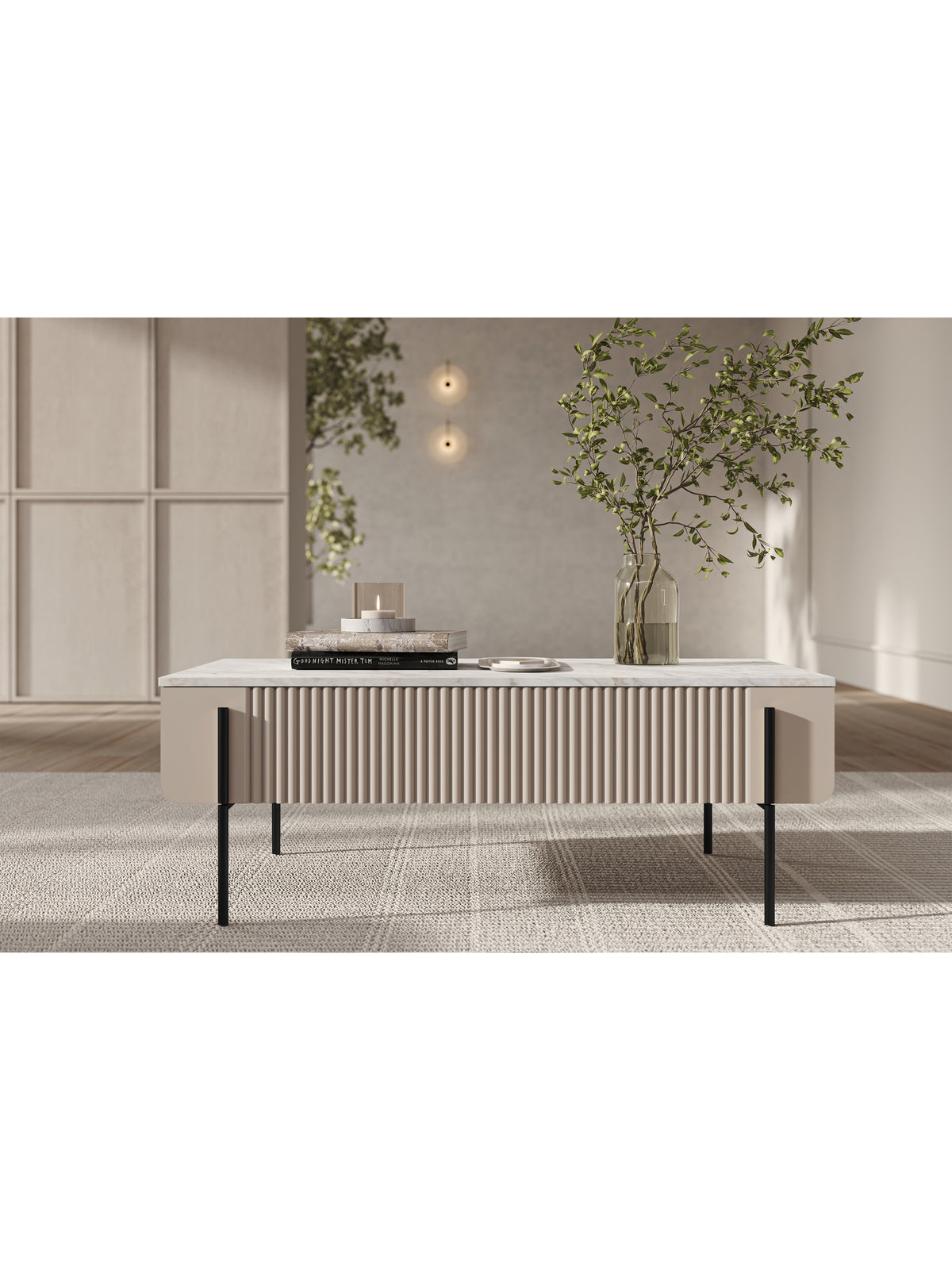 Masa de cafea Malmi 100 cm cu front casmir canelat și blat crema bianca, picioare negre