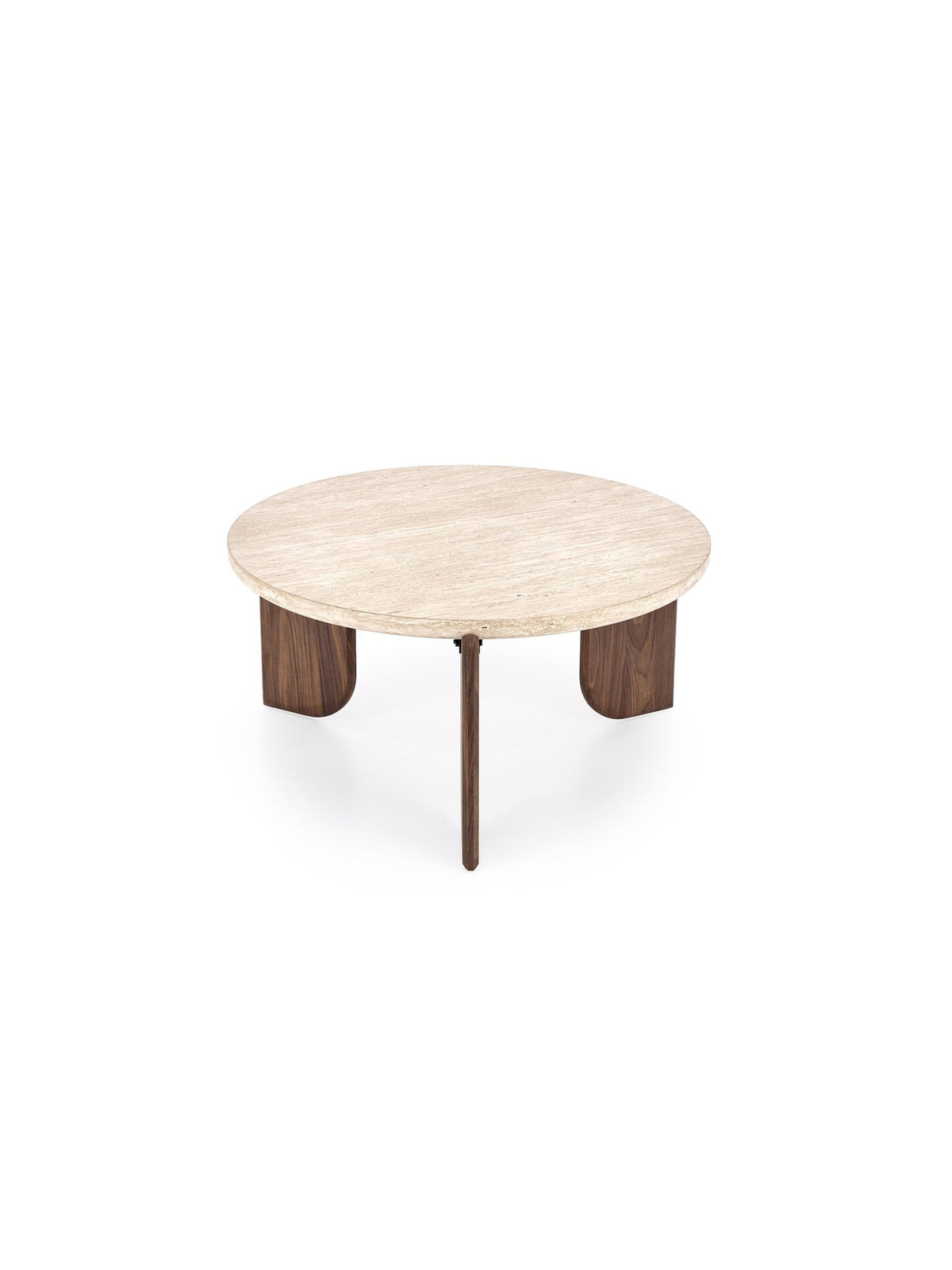 Măsuță de cafea rotundă Manios 80 cm blat travertin, picioare nuc
