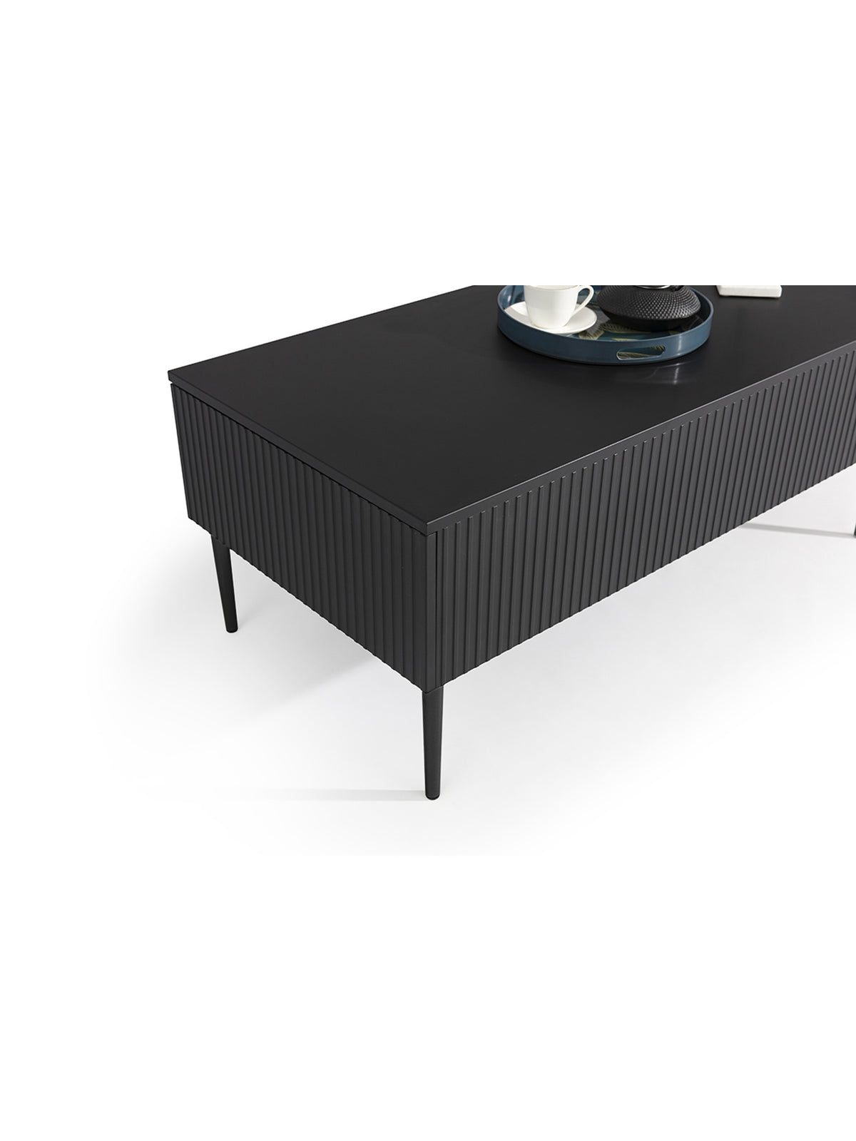 Masă de cafea Nicole 120 cm negru mat cu fronturi canelate și picioare metalice