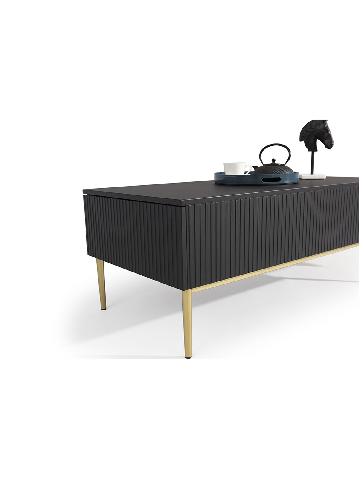 Masa de cafea Nicole 120 cm negru mat cu fronturi striate și picioare metalice aurii