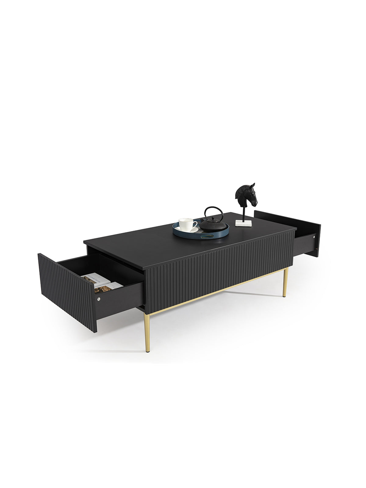 Masă de cafea Nicole 120 cm negru mat cu front striat și picioare metalice aurii