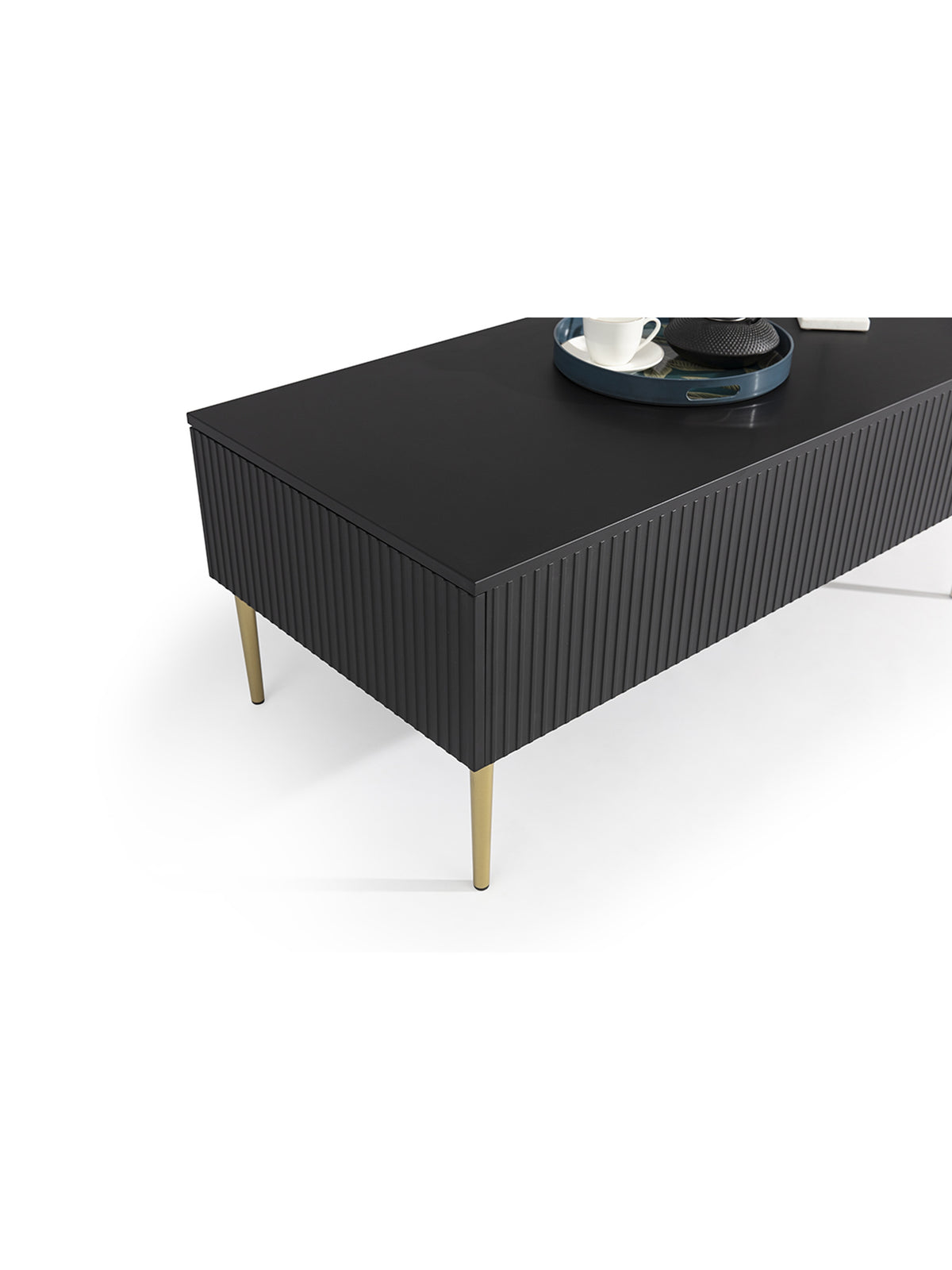 Măsuță de cafea Nicole 120 cm negru mat cu front canelat și picioare metalice aurii