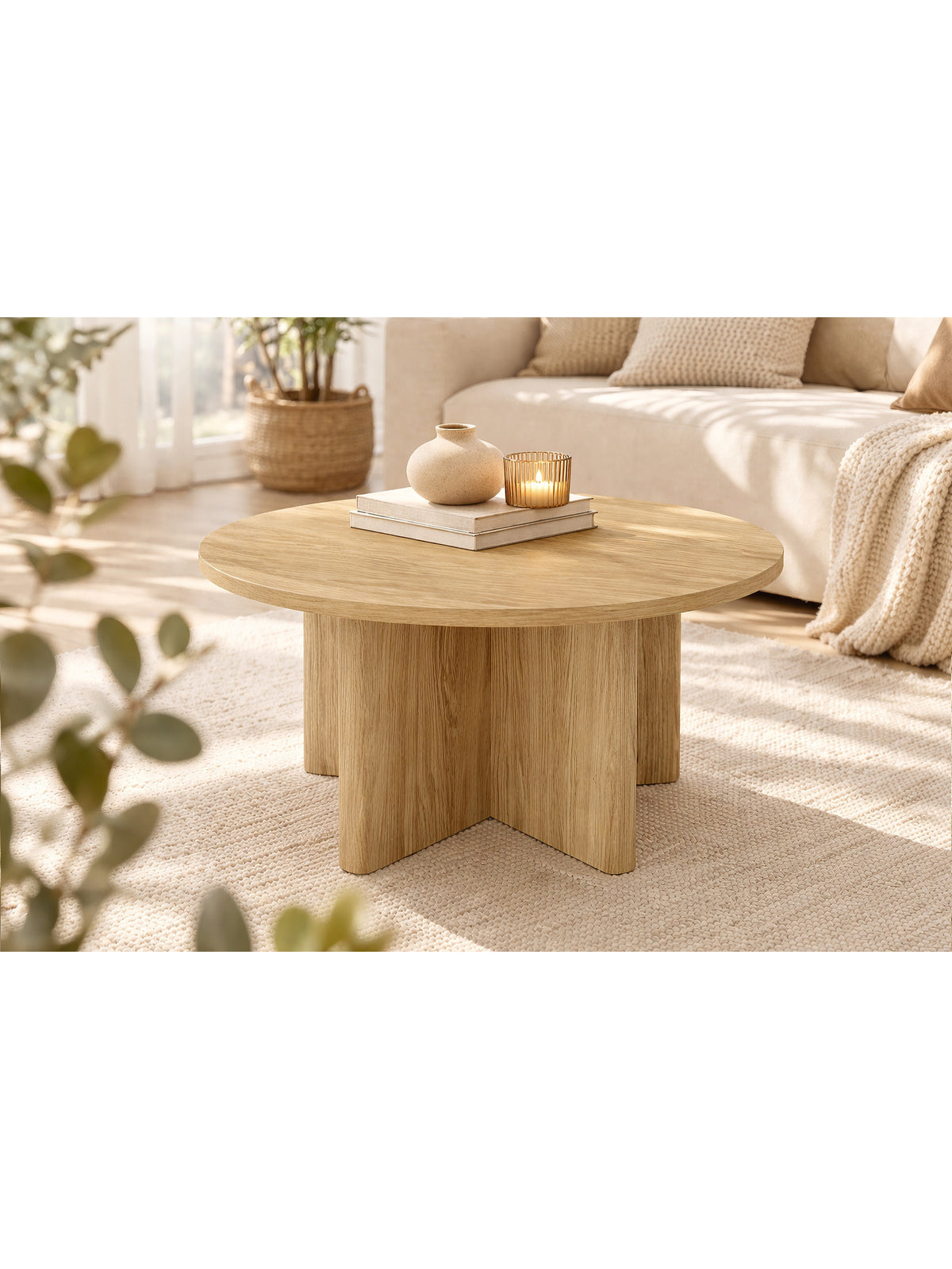 Măsuță de cafea rotundă Bellora 90 cm stejar oleiat cu margini rotunjite