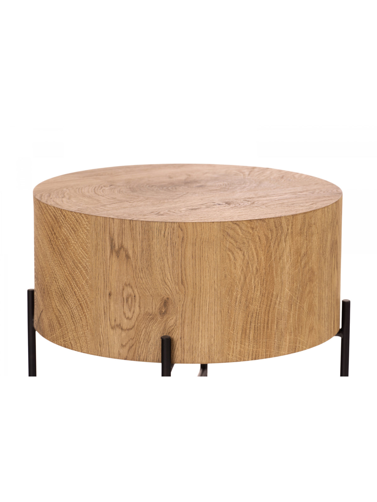 Masă de cafea rotundă Liviano 45 cm blat stejar natural picioare metalice negre