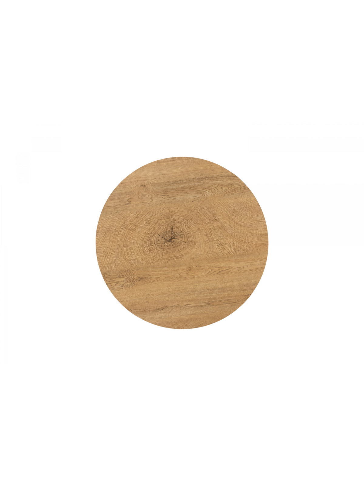 Măsuță rotundă Liviano 80 cm cu blat MDF stejar natural și picioare metalice negre, vedere de sus