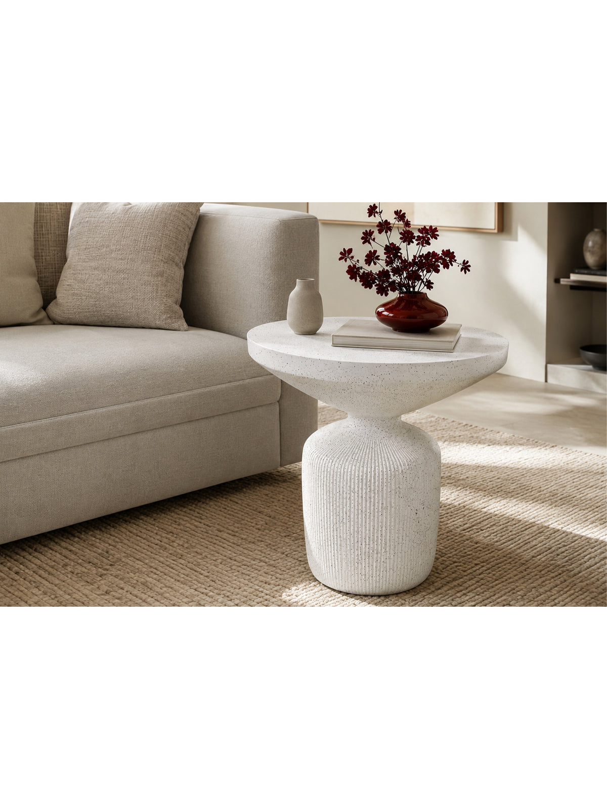 Masa de cafea rotundă Sintro 54 cm, culoare alb terazzo, stil modern organic