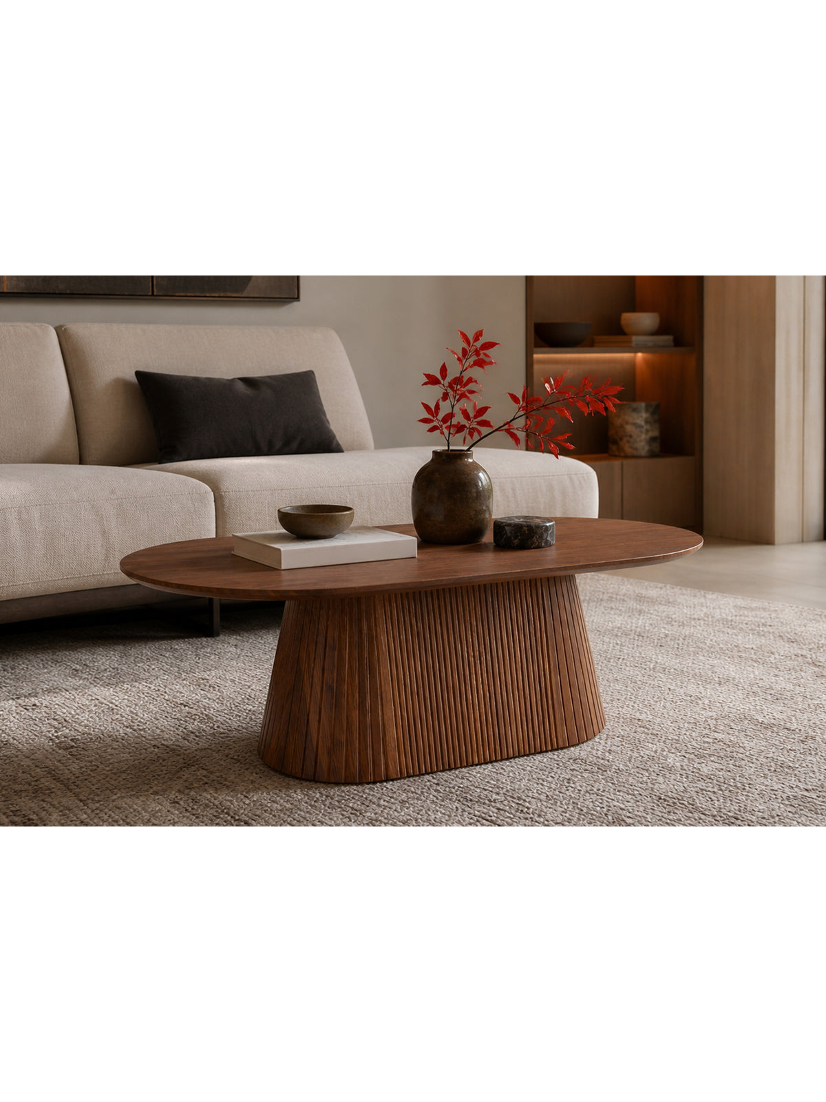 Măsuță de cafea ovală Stellis 120 cm cu blat mat și picioare culoare nuc