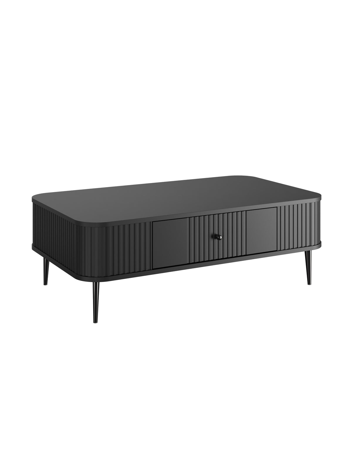 Masă de cafea Vesper neagră 103x60 cm cu un sertar canelat și picioare metalice negre