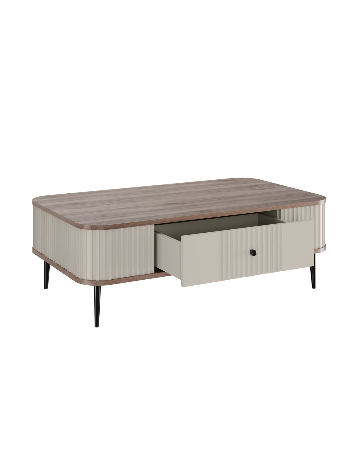 Masă de cafea Vesper 103x60 cm cu sertar kasmir nuc picioare negre vedere laterală