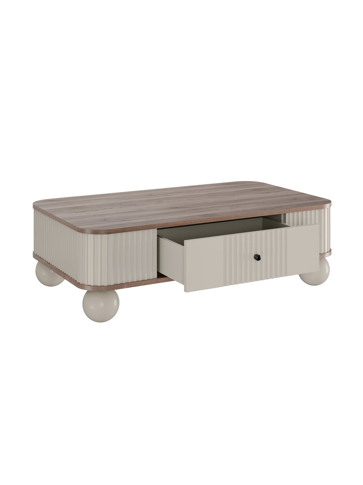 Masă de cafea Vesper 103x60 cm cu sertar, casmir/nuc, mânere negre, picioare rotunde