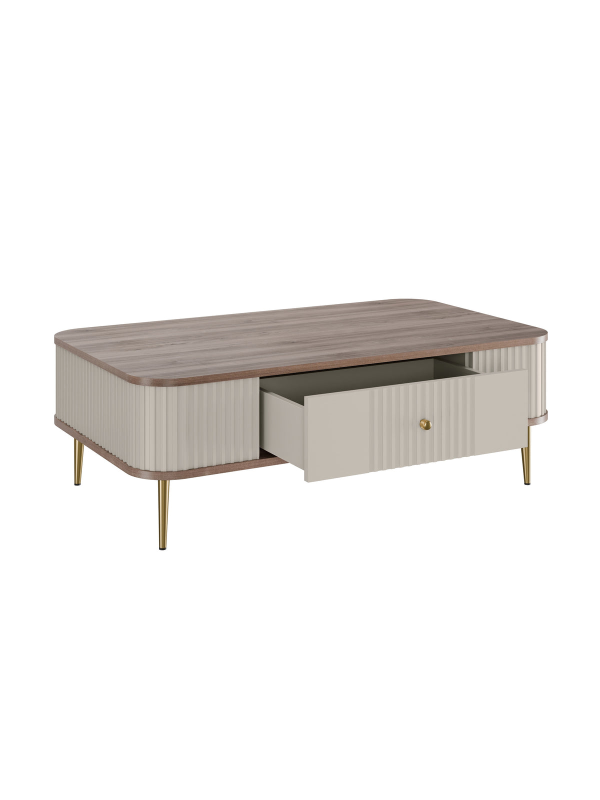 Măsuță de cafea Vesper 103x60 cm cashmere cu sertar și picioare aurii vedere laterală
