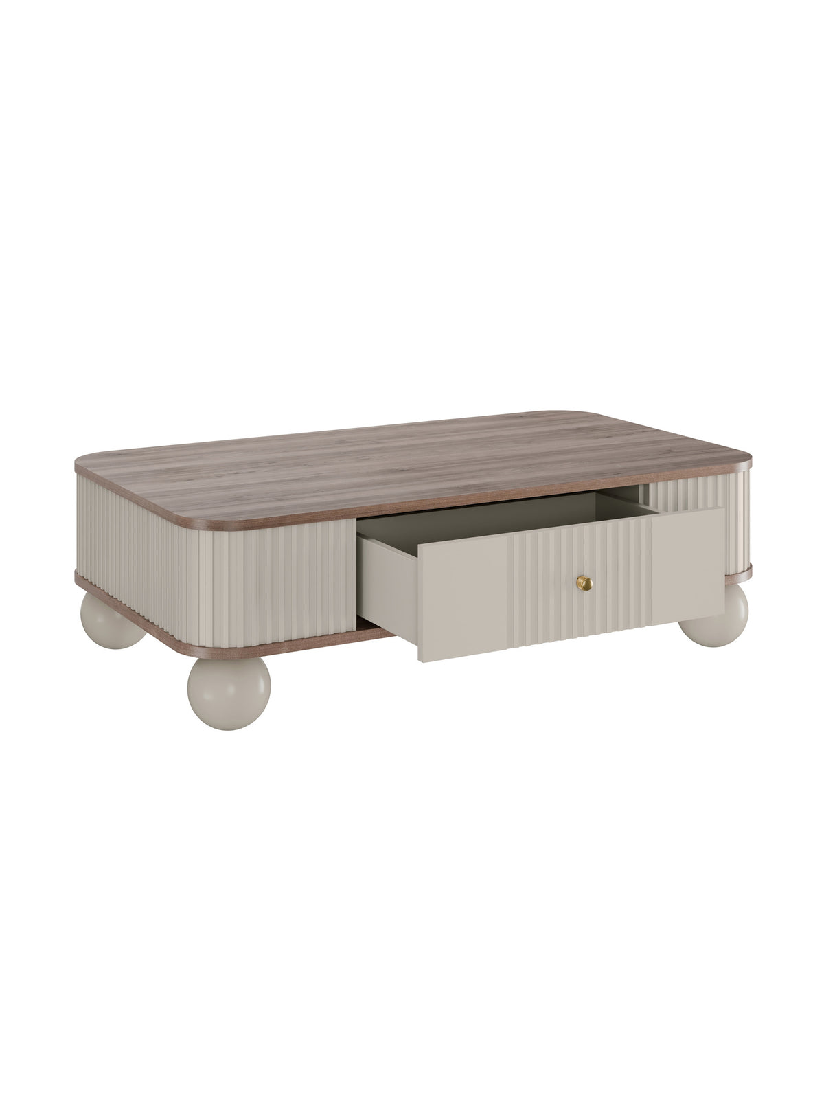 Măsuță de cafea Vesper 103x60 cm casmir cu sertar, blat nuc, mânere aurii, picioare sferice