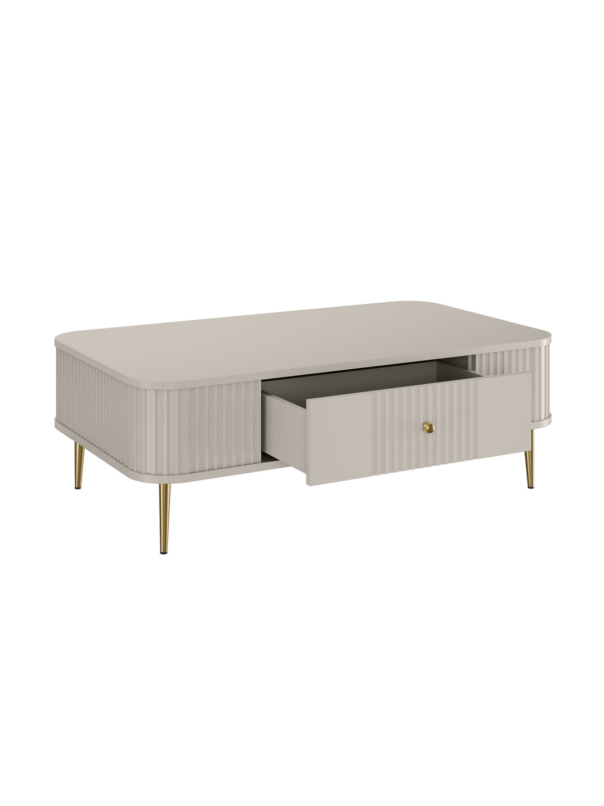 Masă de cafea Vesper 103x60 cm culoare casmir cu un sertar deschis și picioare aurii