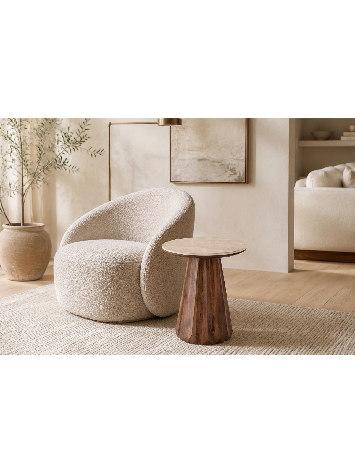 Măsuță de cafea Wanora rotundă 45 cm cu blat travertin și picioare culoare nuc
