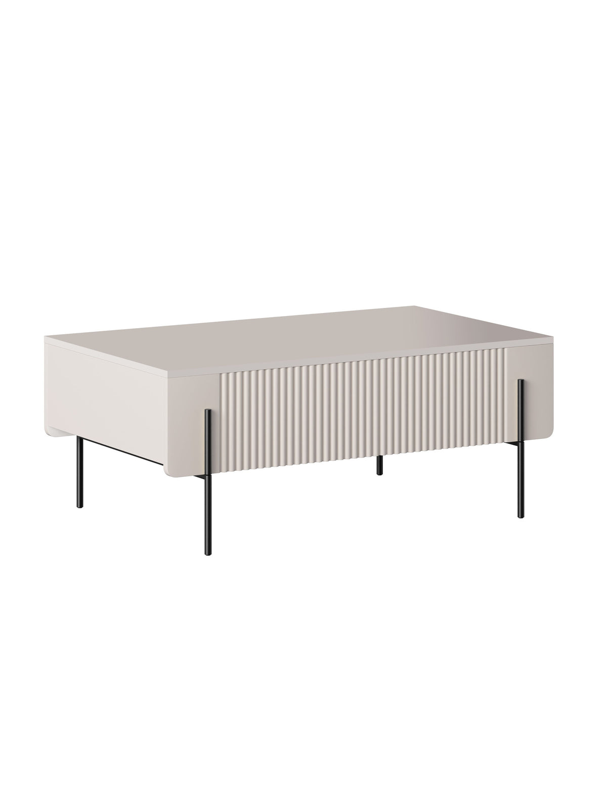 Măsuță de cafea Malmi 100 cm casmir cu picioare metalice negre și fronturi striate ale sertarelor