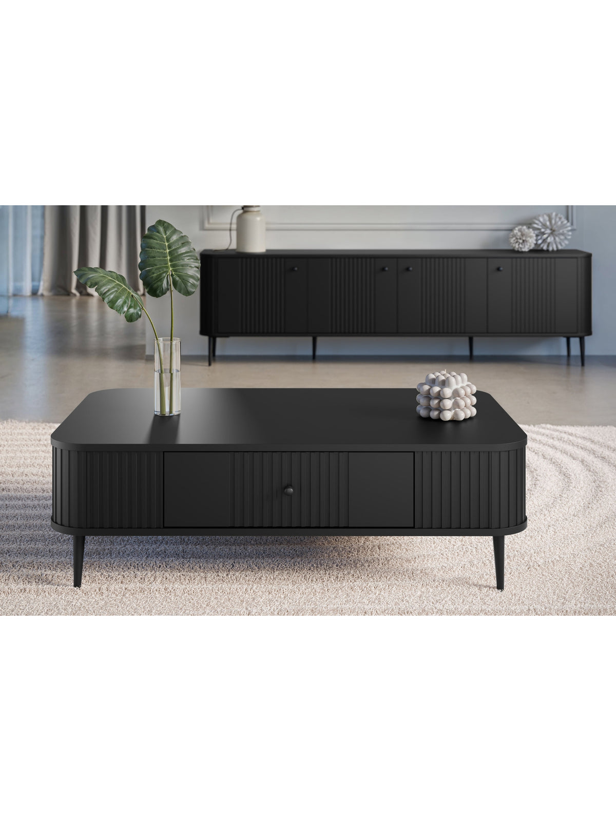 Măsuță de cafea neagră Vesper 103x60 cm cu un sertar și față striată