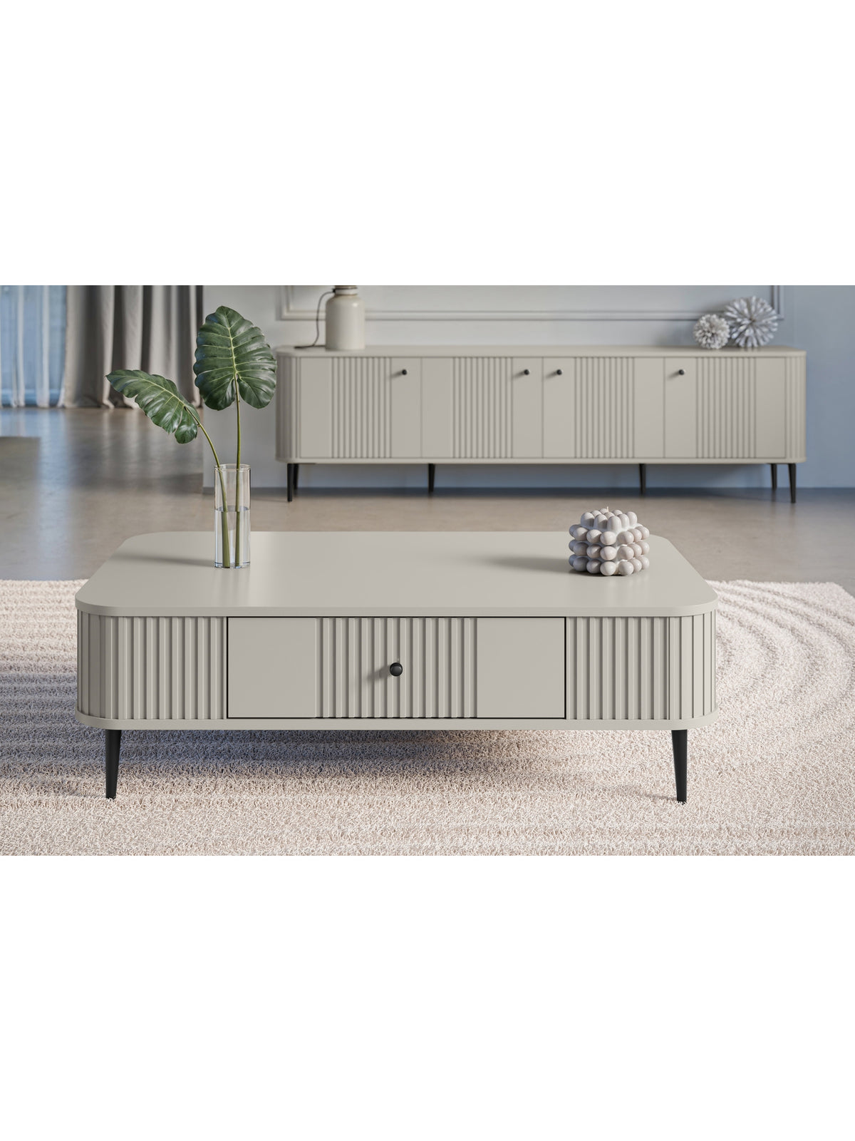 Măsuță de cafea Vesper 103x60 cm casmir cu front canelat și picioare metalice negre
