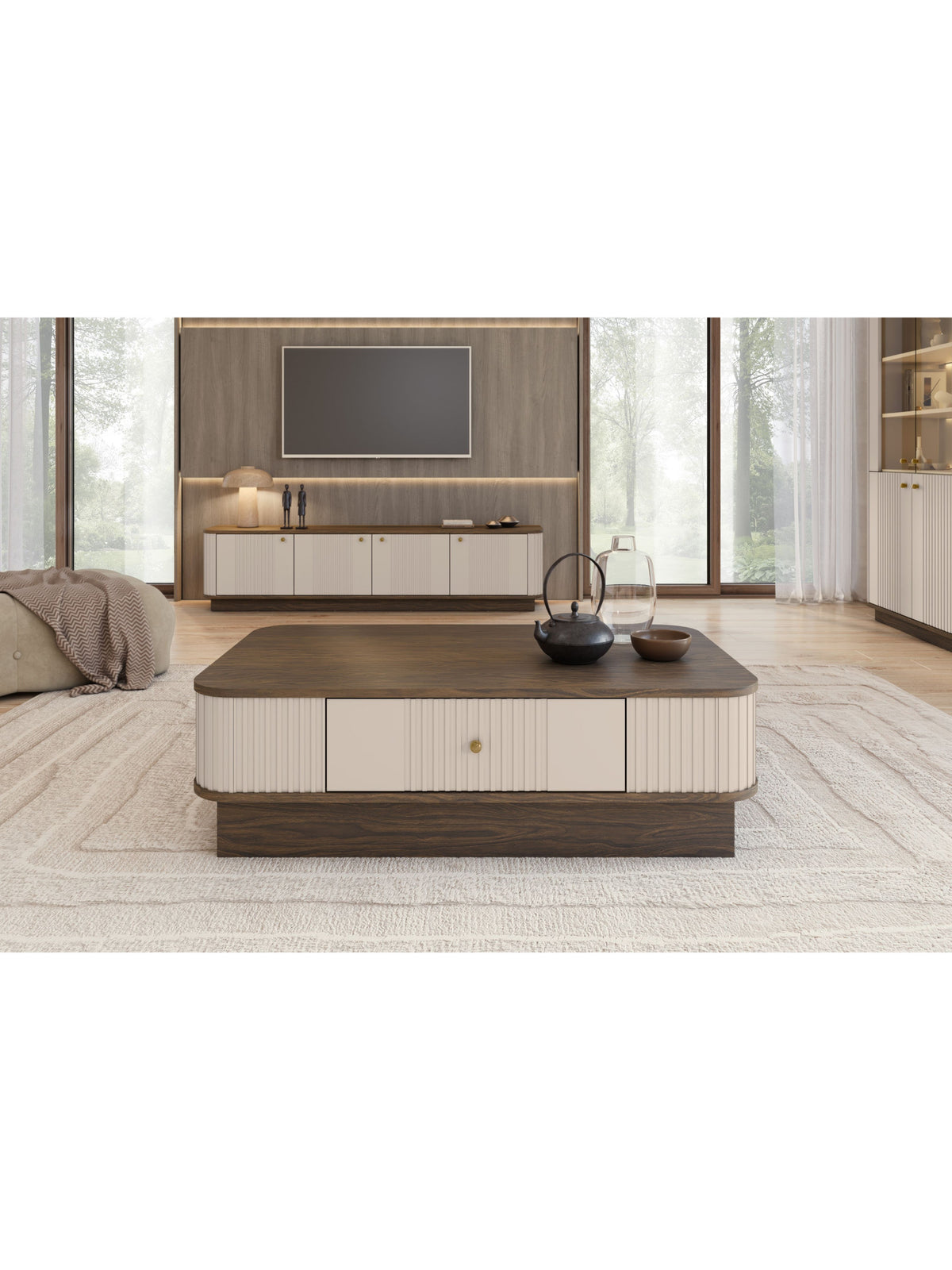 masă kawowy z szuflada Vesper 103x60 cm - cașmir / nuc / auriu uchwyt