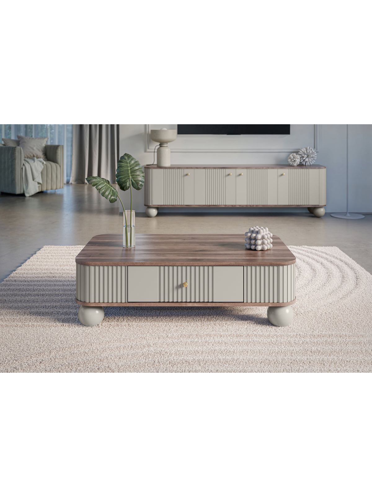 Măsuță de cafea Vesper 103x60 cm casmir cu blat nuc, mânere aurii, picioare sferice