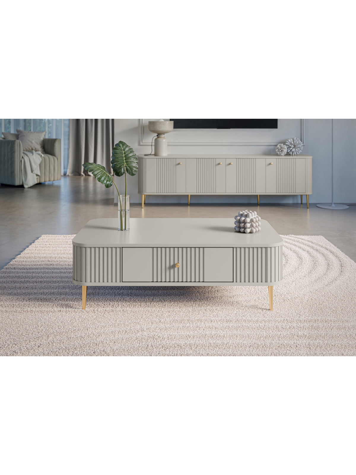 Măsuță de cafea Vesper 103x60 cm casmir cu front canelat și picioare aurii
