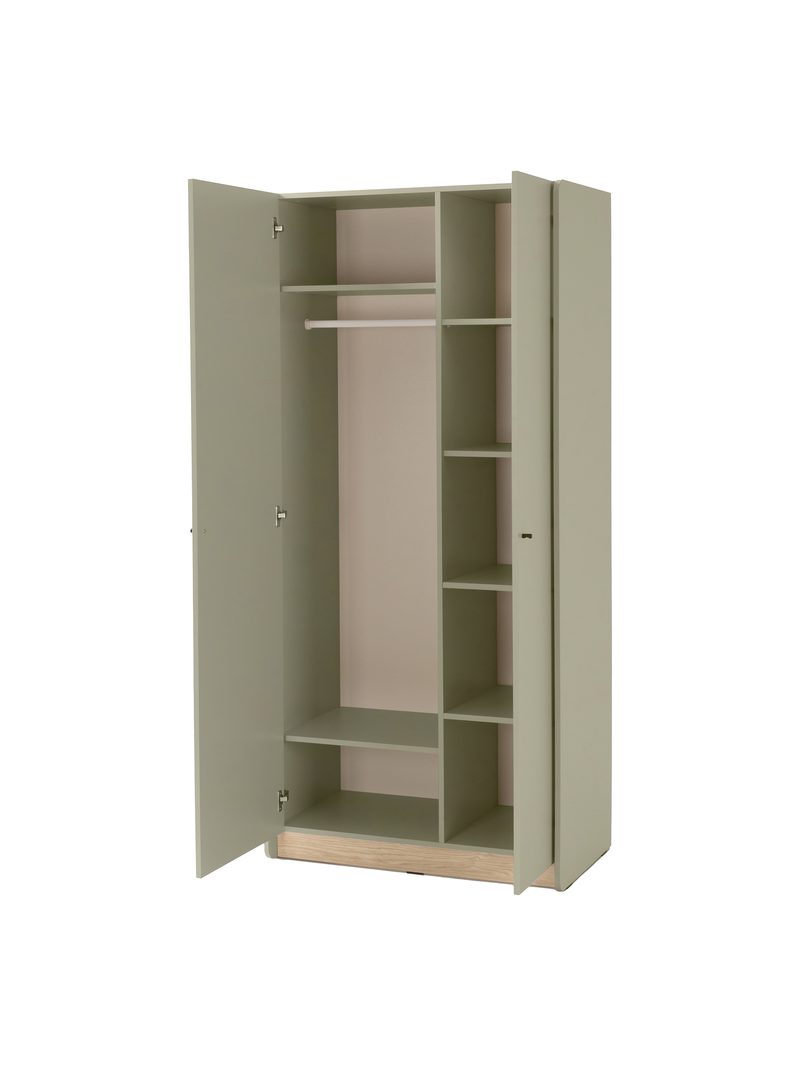 Dulap Fiorenza 90 cm culoare eucalipt și stejar baltic dune cu două uși, rafturi și bară în interior