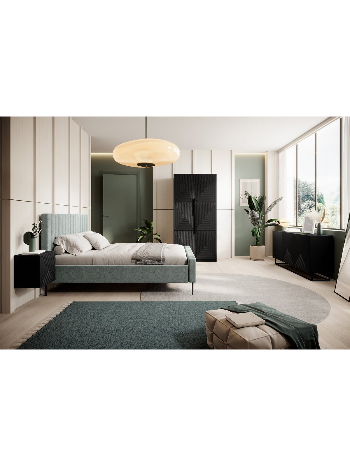 dulap Asha 100 cm z ryflowanym frontem i metalowymi uchwytami- negru mat / negru mânere