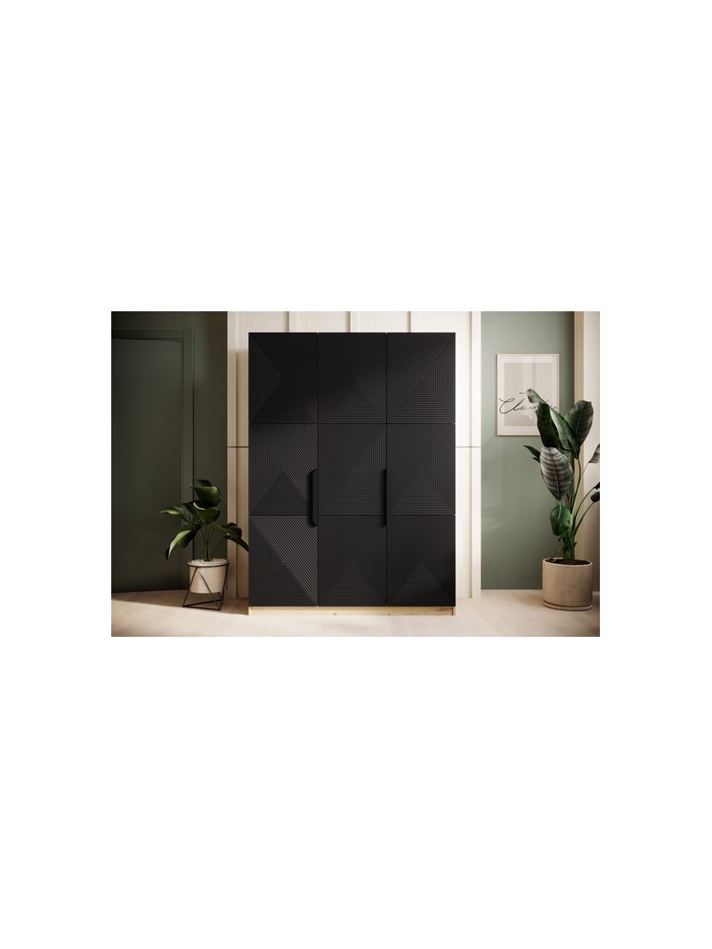 Dulap Asha 150 cm negru mat cu fronturi canelate și mânere metalice