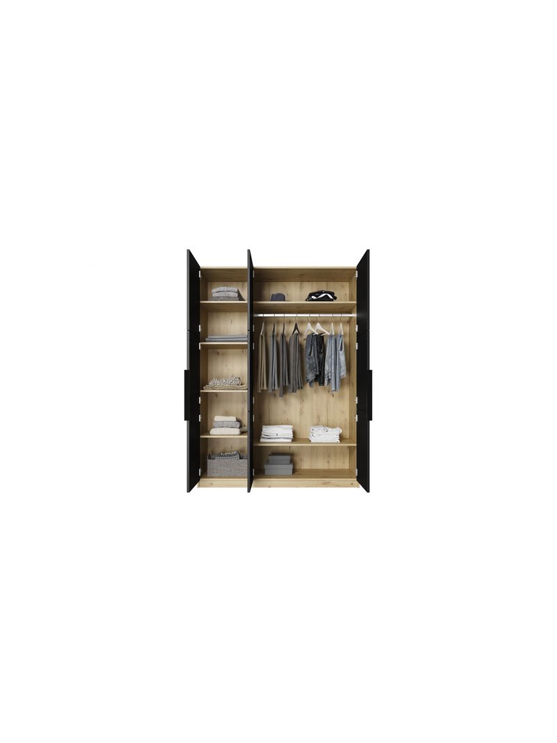 Dulap Asha 150 cm negru mat cu mânere metalice, cu trei uși deschise, vizibil interior
