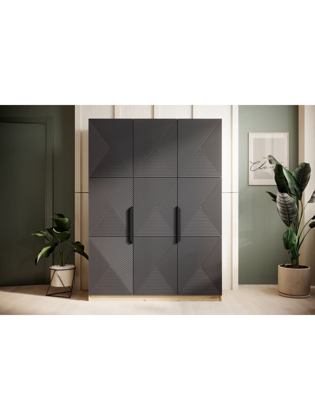 dulap Asha 150 cm z metalowymi uchwytami - artisan / rivier stone mat / negru Mânere