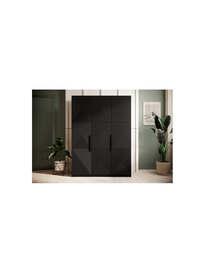 Dulap Asha 150 cm negru mat cu mânere metalice, front canelat, 3 uși