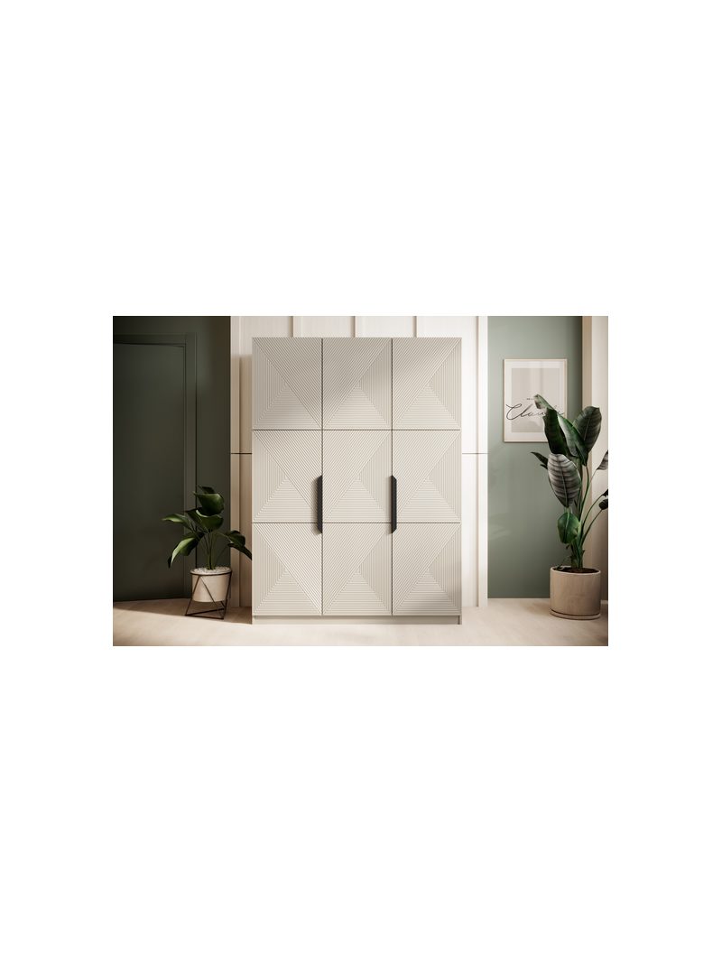 Dulap Asha 150 cm casmir cu mânere metalice negre, front striat, 3 uși