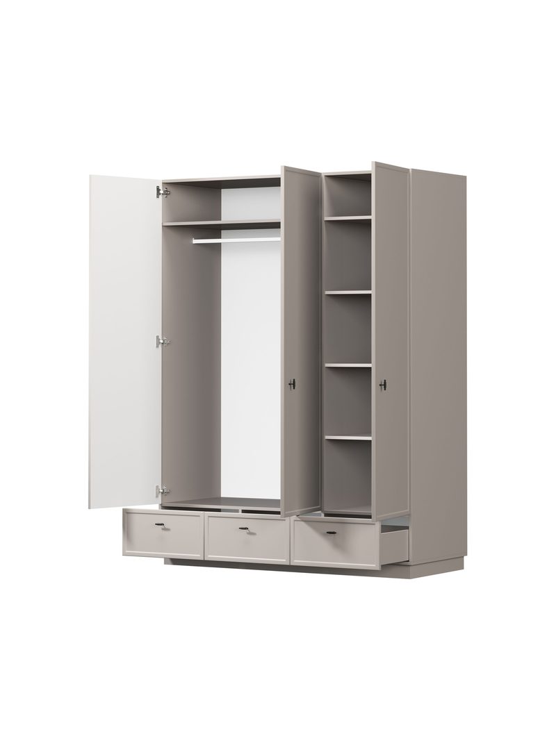 Dulap Lorini 150 cm casmir cu mânere negre T-bar, 3 uși, 3 sertare, 5 rafturi