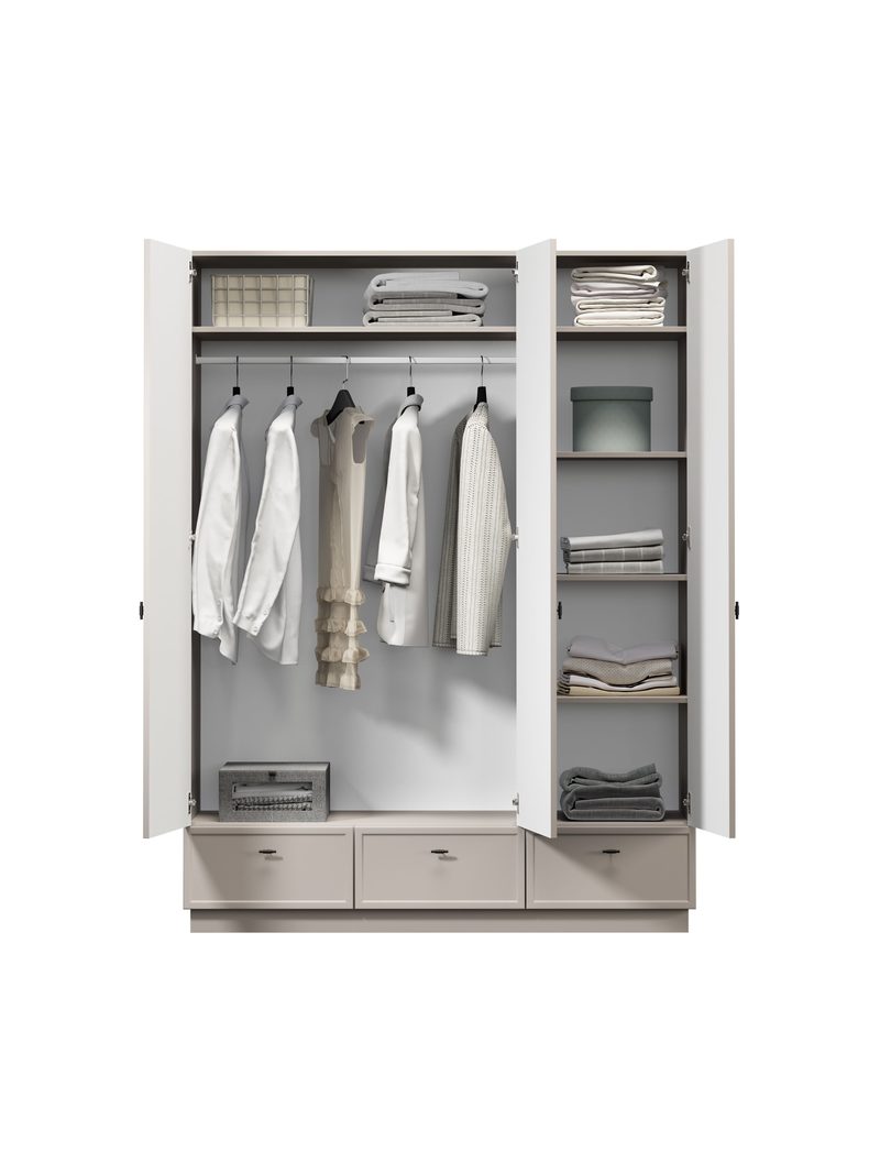 Dulap Lorini 150 cm casmir cu mânere negre T-bar, deschis cu rafturi și sertare