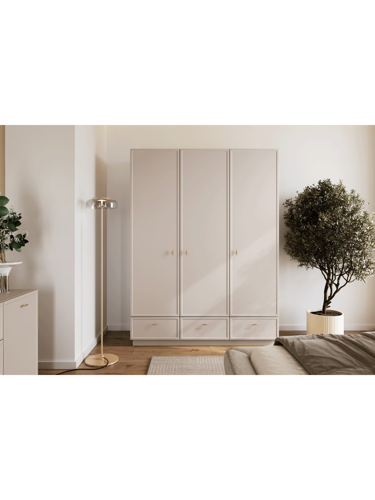 Dulap Lorini 150 cm căptușit casmir cu trei uși și trei sertare, mânere aurii T-bar