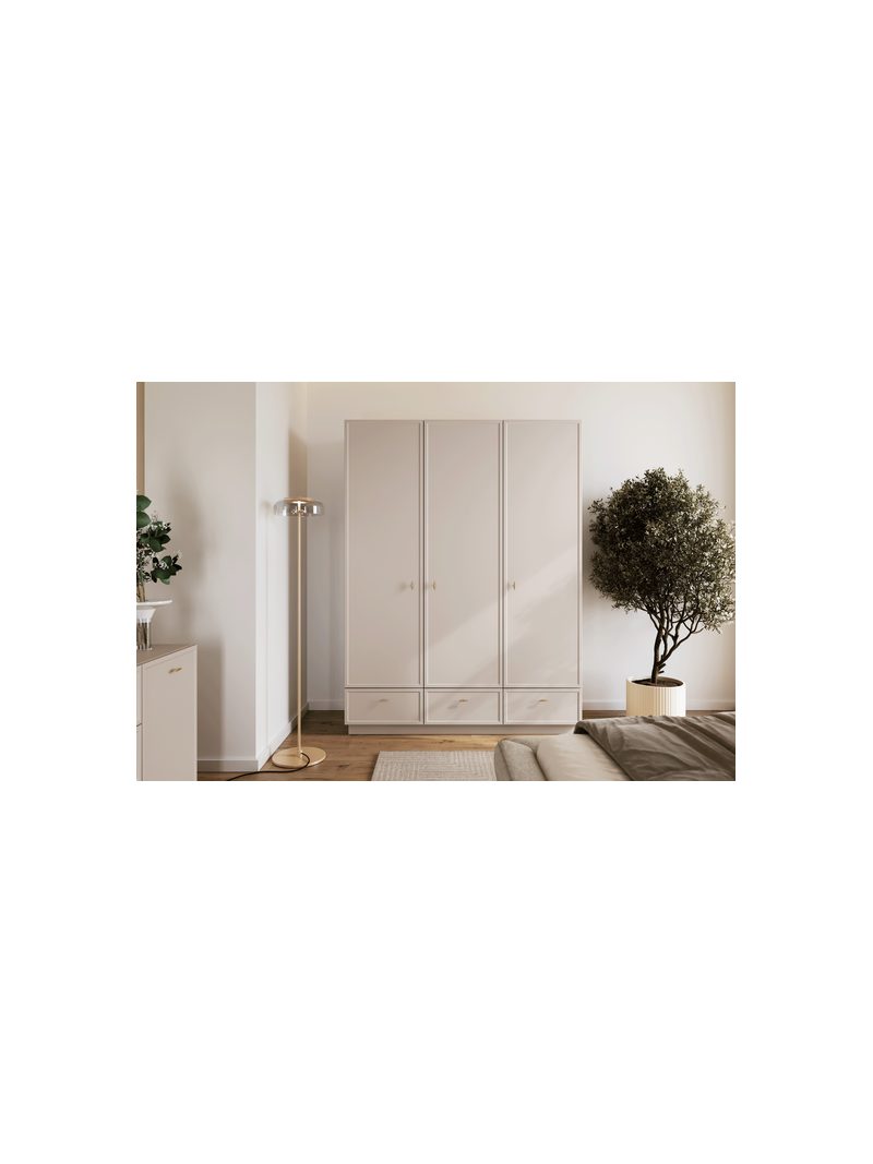 Dulap Lorini 150 cm căptușit casmir cu trei uși și trei sertare, mânere aurii T-bar