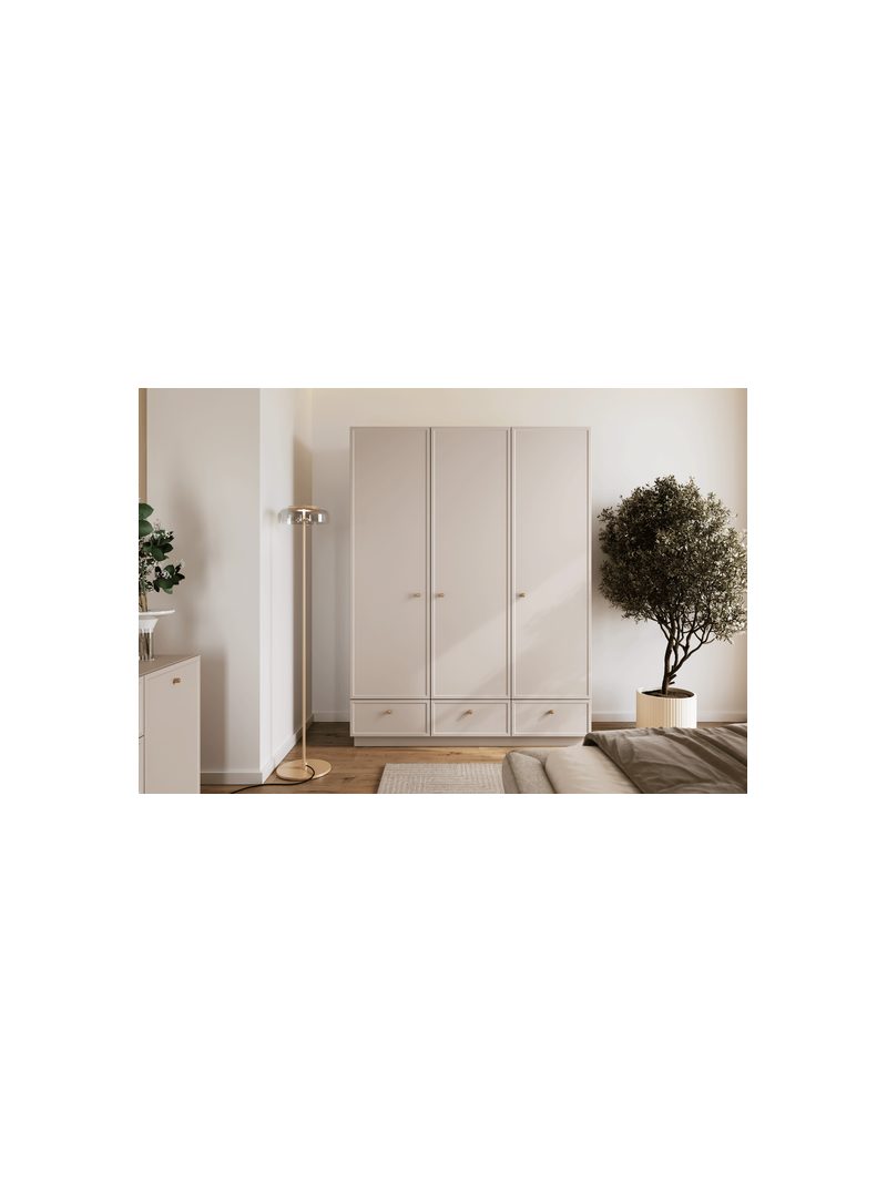 Dulap Lorini 150 cm culoare casmir cu trei uși și mânere aurii